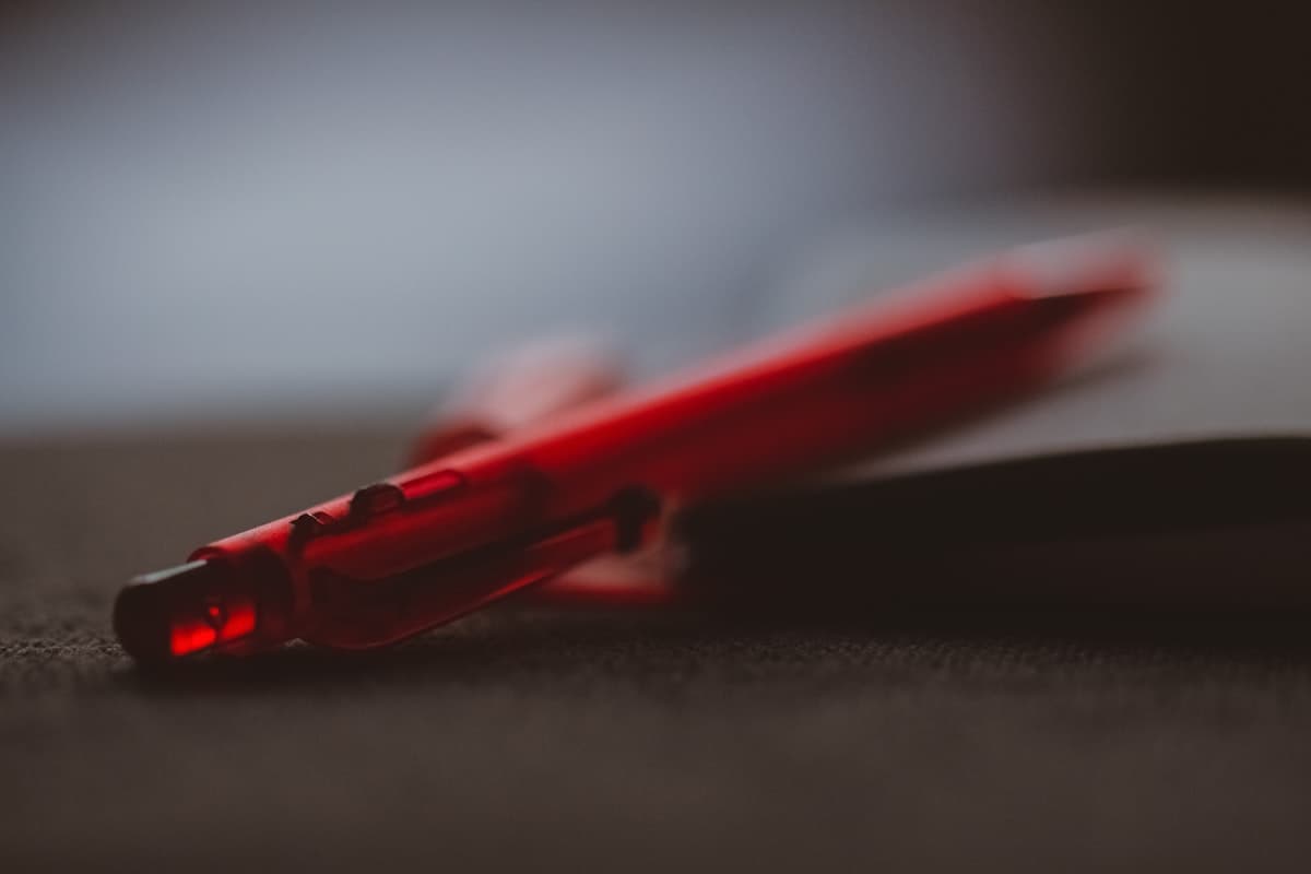 A red pen resting on an open book