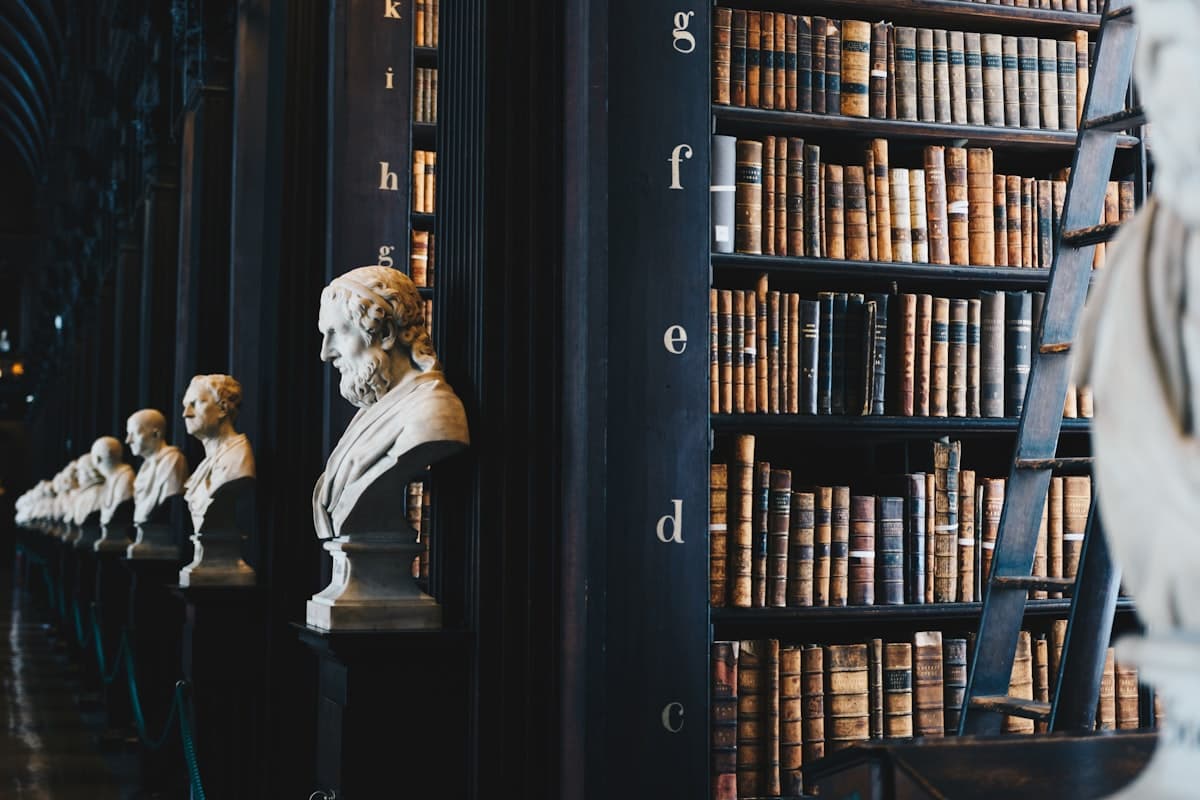 Bound books arranged on a dark shelf