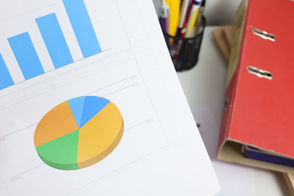 Printed bar and pie charts on a document